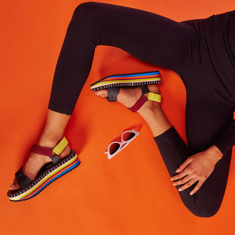 Sopretan women's black sandals with multicoloured soles and crossover straps