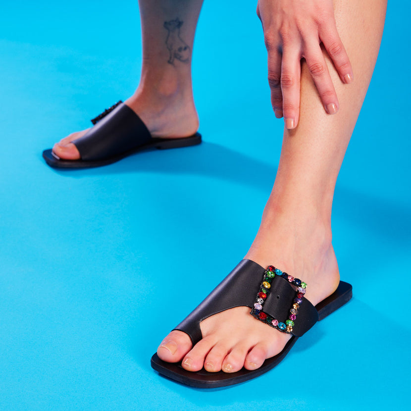 Sandalias planas de pala con hebilla con cristales multicolor para mujer fortul  