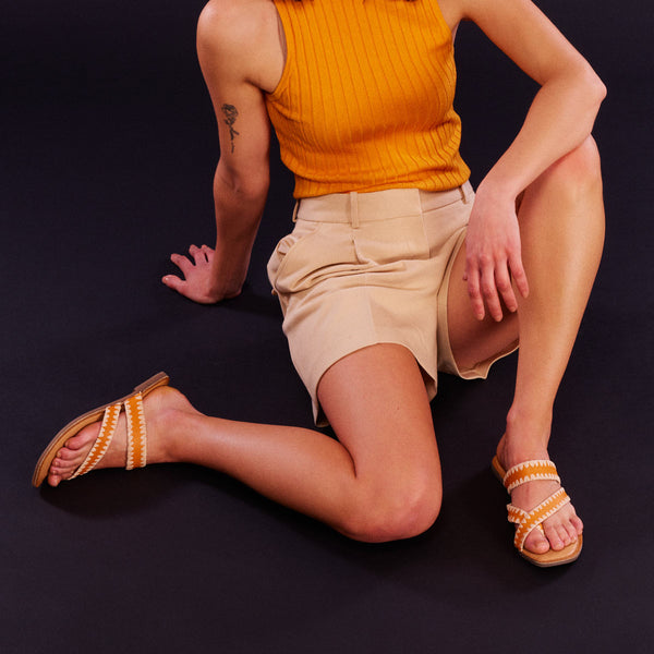 Sandalias naranja de piel con pasados de rafia para mujer goias 
