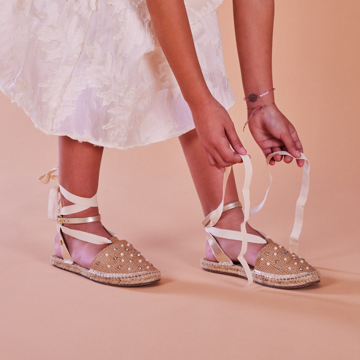 Aisey girls rose gold espadrilles with jute,earls and studs
